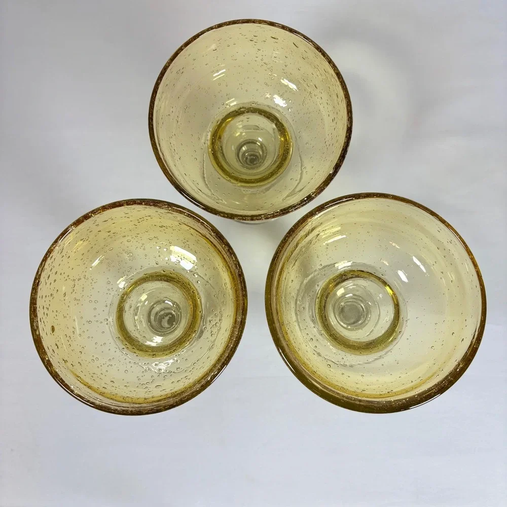 Amber Seeded Glass Margarita Glasses Set of 3 Hand Blown‎ Clear Stem 7 Inch